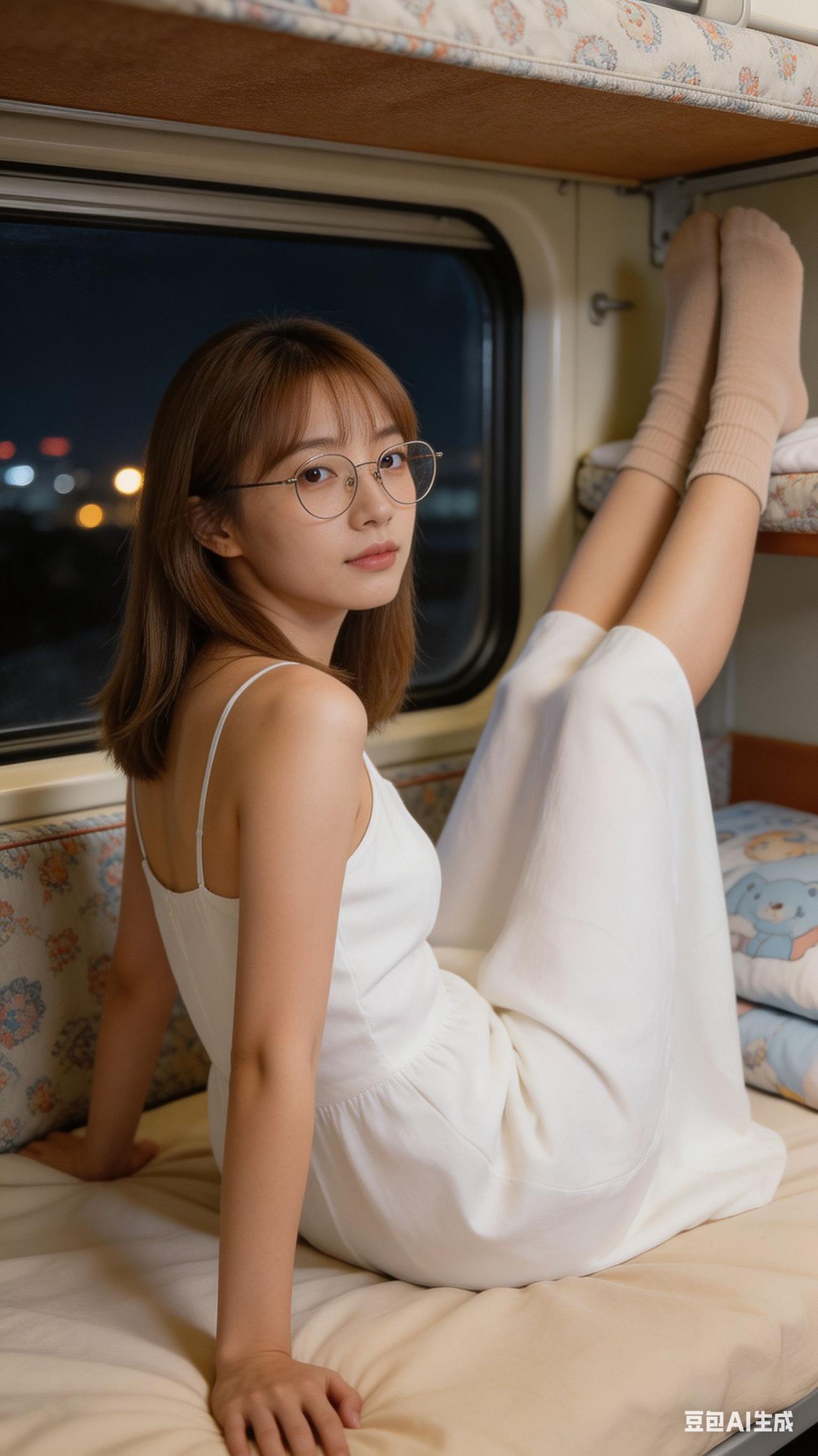 少女坐火车下铺侧靠车窗，浅棕齐肩发配无框眼镜，白吊带长裙，姿态松弛。卧铺暖柔光，