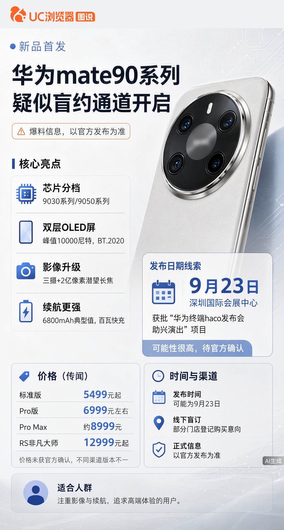 华为Mate90还没官宣，线下已开启盲订。9月23日或有发布会配套演出，但并非官方定档。网传芯片分三