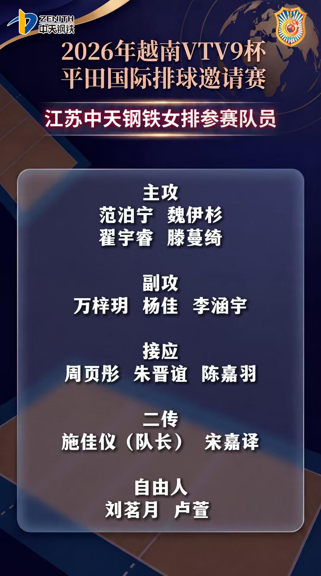 施佳仪出任江苏女排队长。江苏女排官方公布了越南邀请赛的14人参赛名单，曾加盟河南