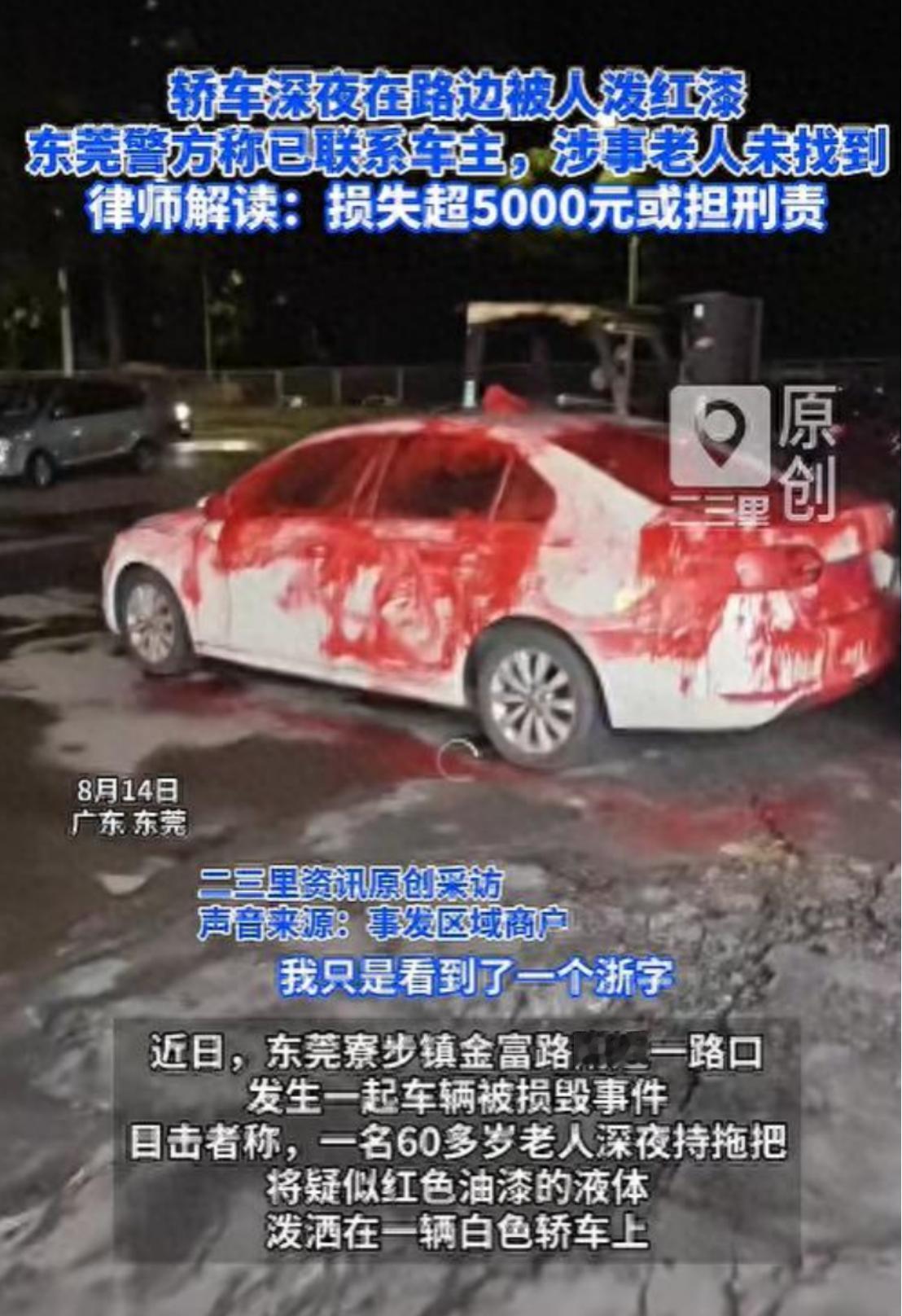 白车深夜遭泼红漆！8月14日凌晨，广东东莞寮步镇金富路附近，一名60多岁的老人手