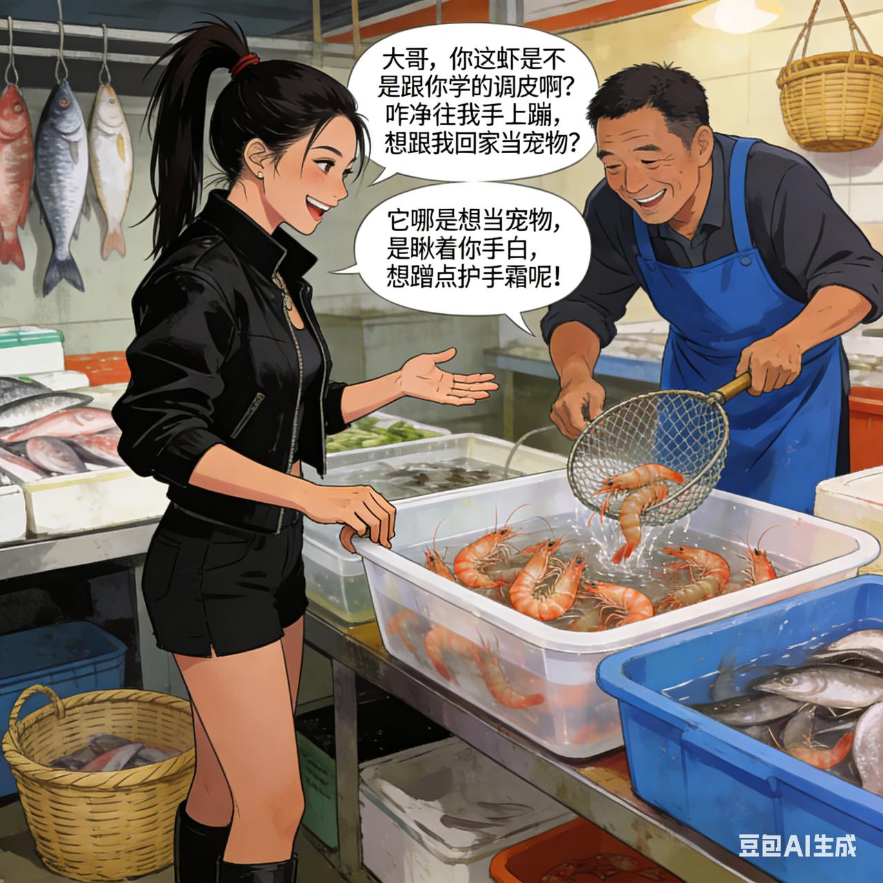 女流氓搞笑段子女流氓去水产摊买虾，瞅着老板捞上来的虾个个蹦跶，伸手在盆沿一敲
