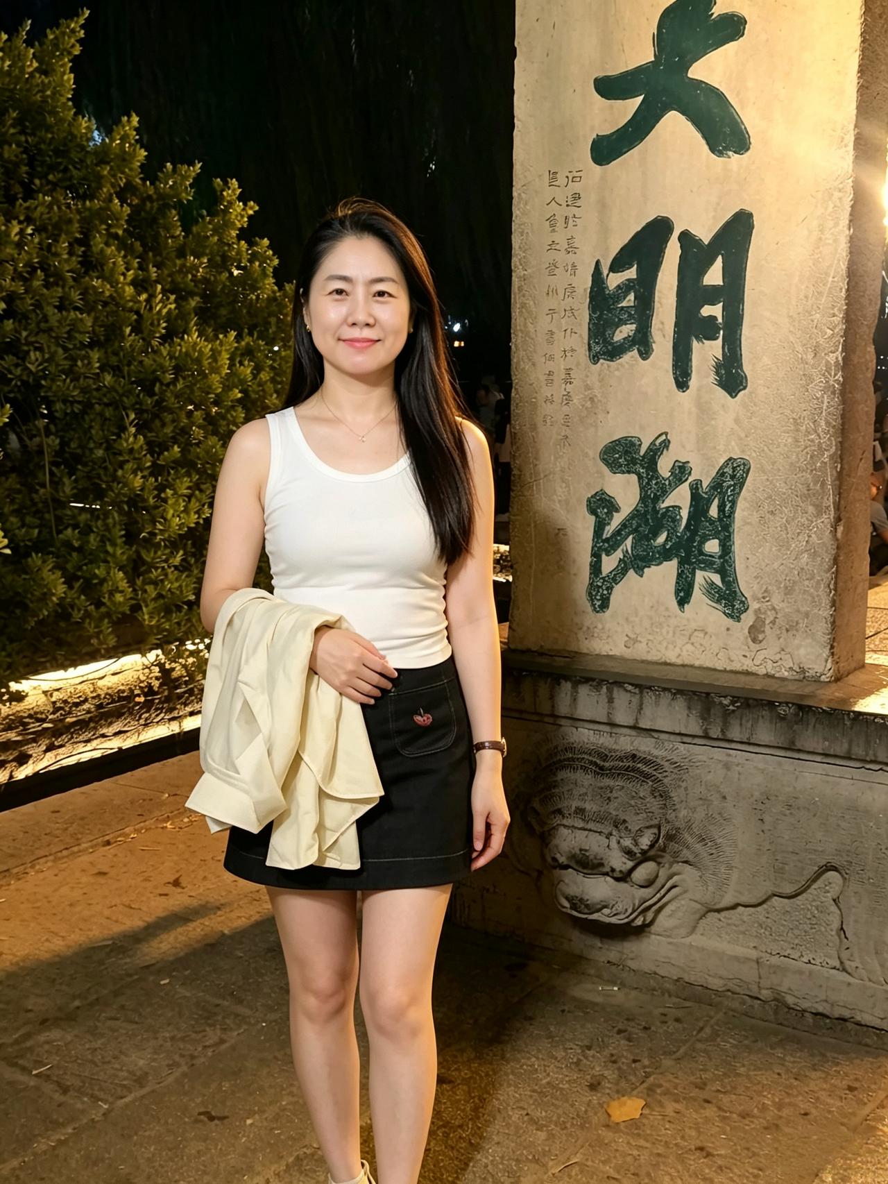 灯火溶溶照石坊，明湖夜色漫清凉。悠然立尽阶前月，不负泉城好时光。