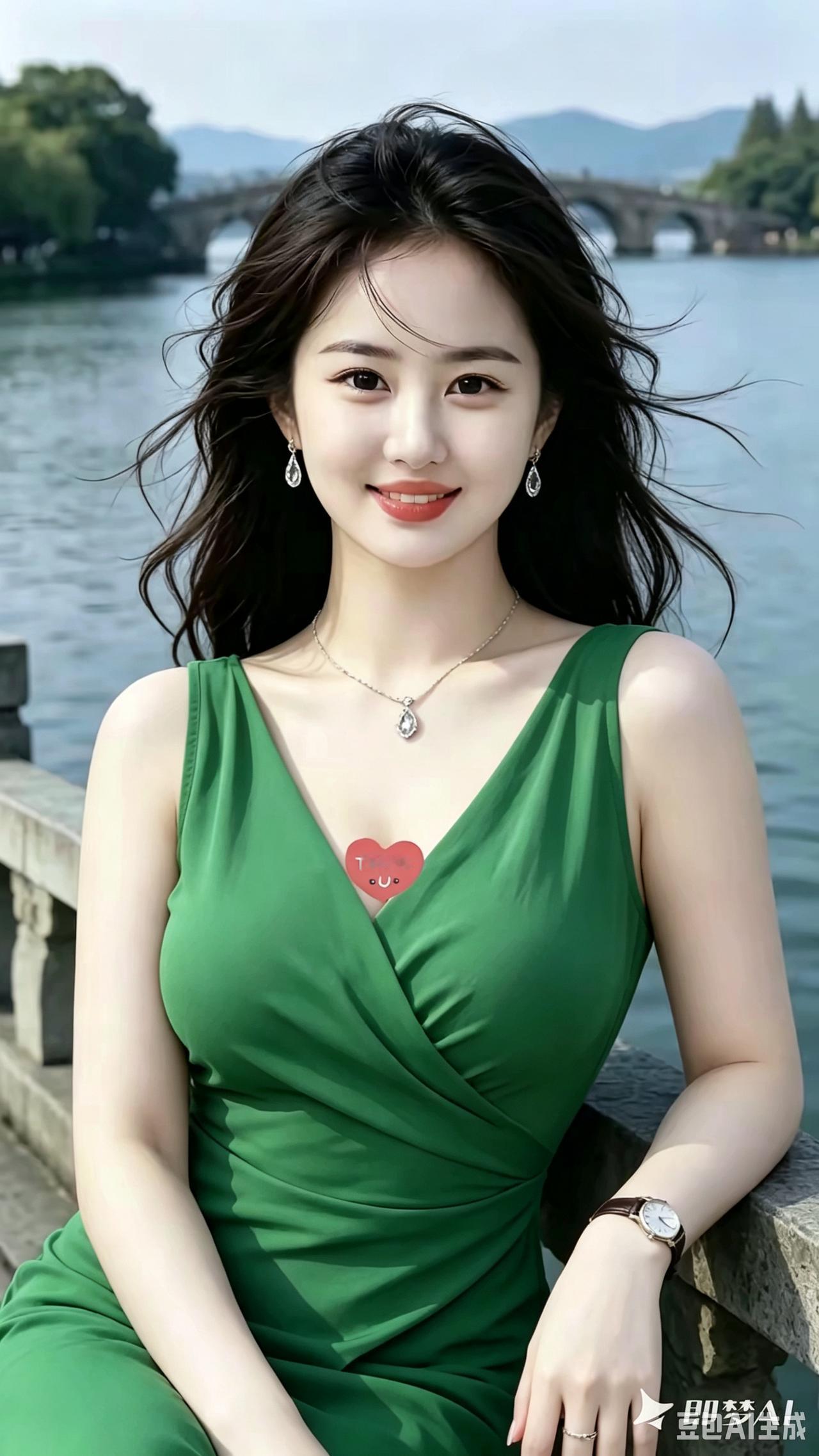 湖畔佳人一湖碧水映长桥，杨柳随风漫柳条。秀发轻扬迎晓风，容颜含笑韵姿