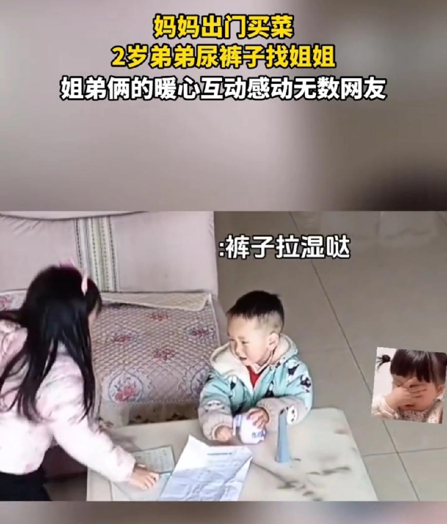 这大概就是二胎最美好的样子！四川一妈妈出门买菜，2岁的弟弟尿裤子，叉着腿慢慢