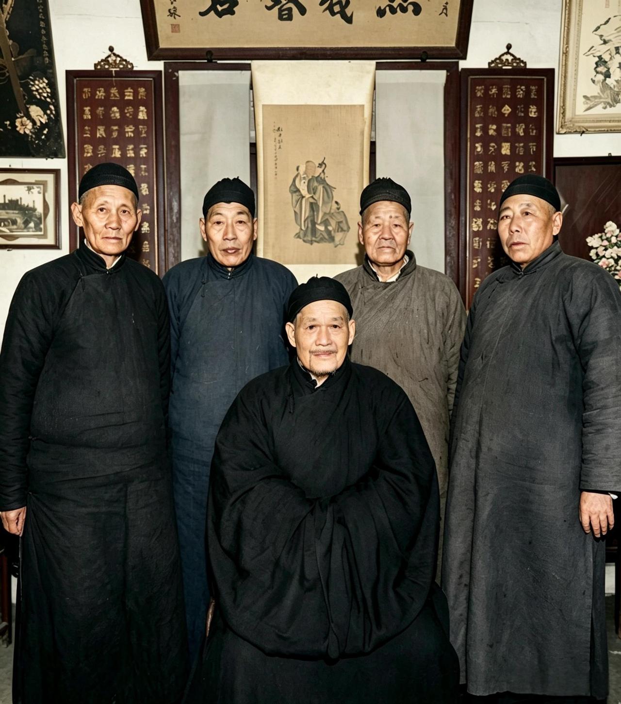 这是一九四八年五位老人聚在一起。这位五位老人身材高大，皮肤白净，绝非做苦力的。虽