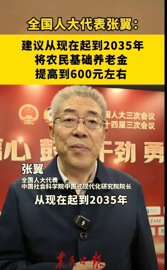 全国人大代表张翼说:“从现在起到2035年，如果能把农民的基础养老金，提高到60