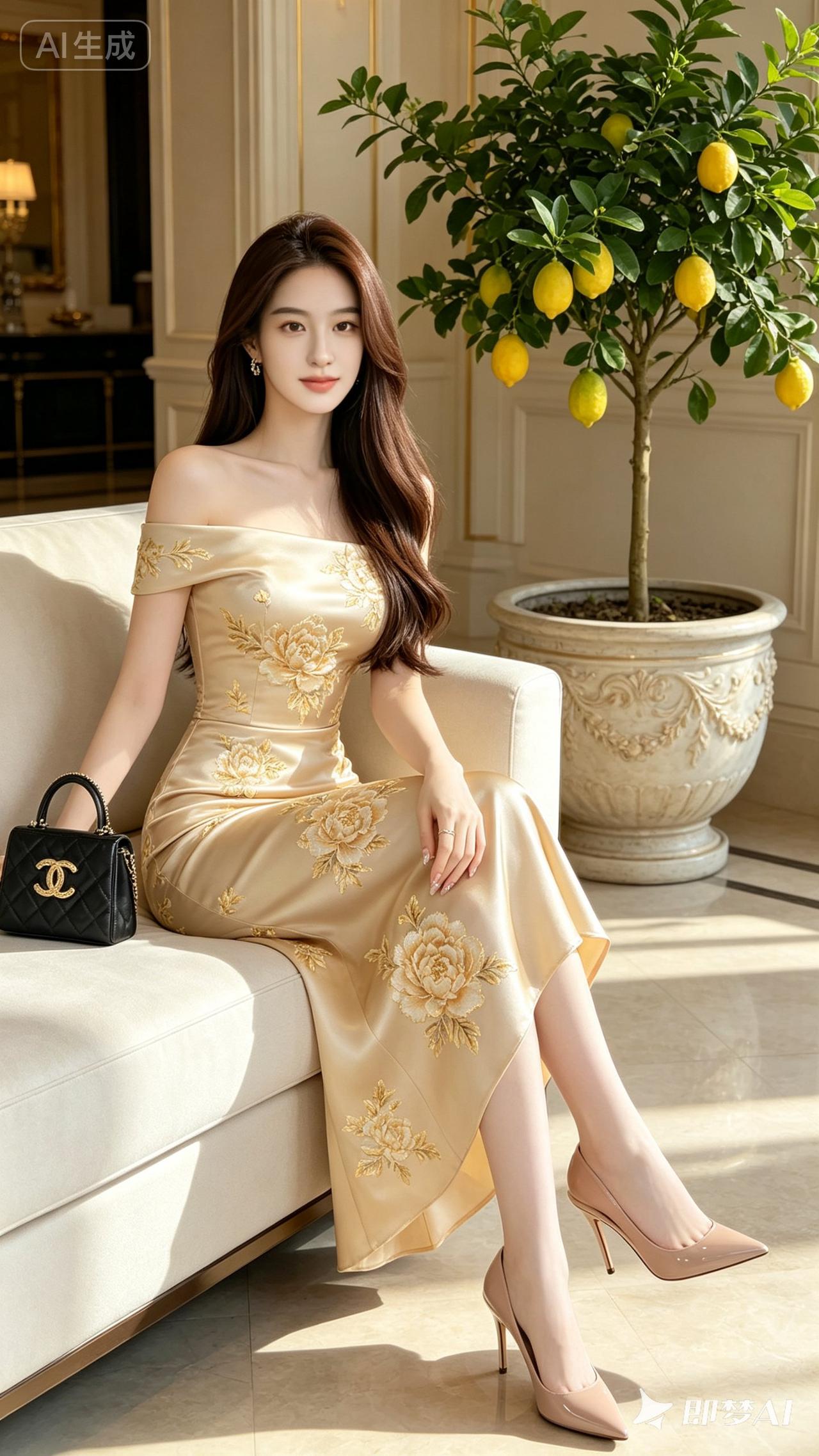 优雅气质，金光闪耀的连衣裙，搭配香奈儿包包，尽显高贵与时尚。