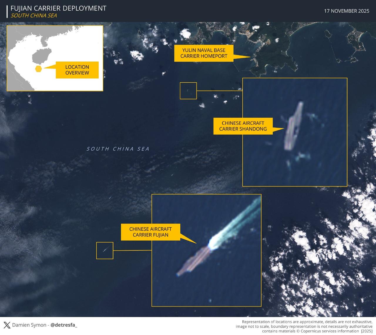 当地时间2025年11月17日，美国方面声称，中国海军福建舰入列后，开始首次和山