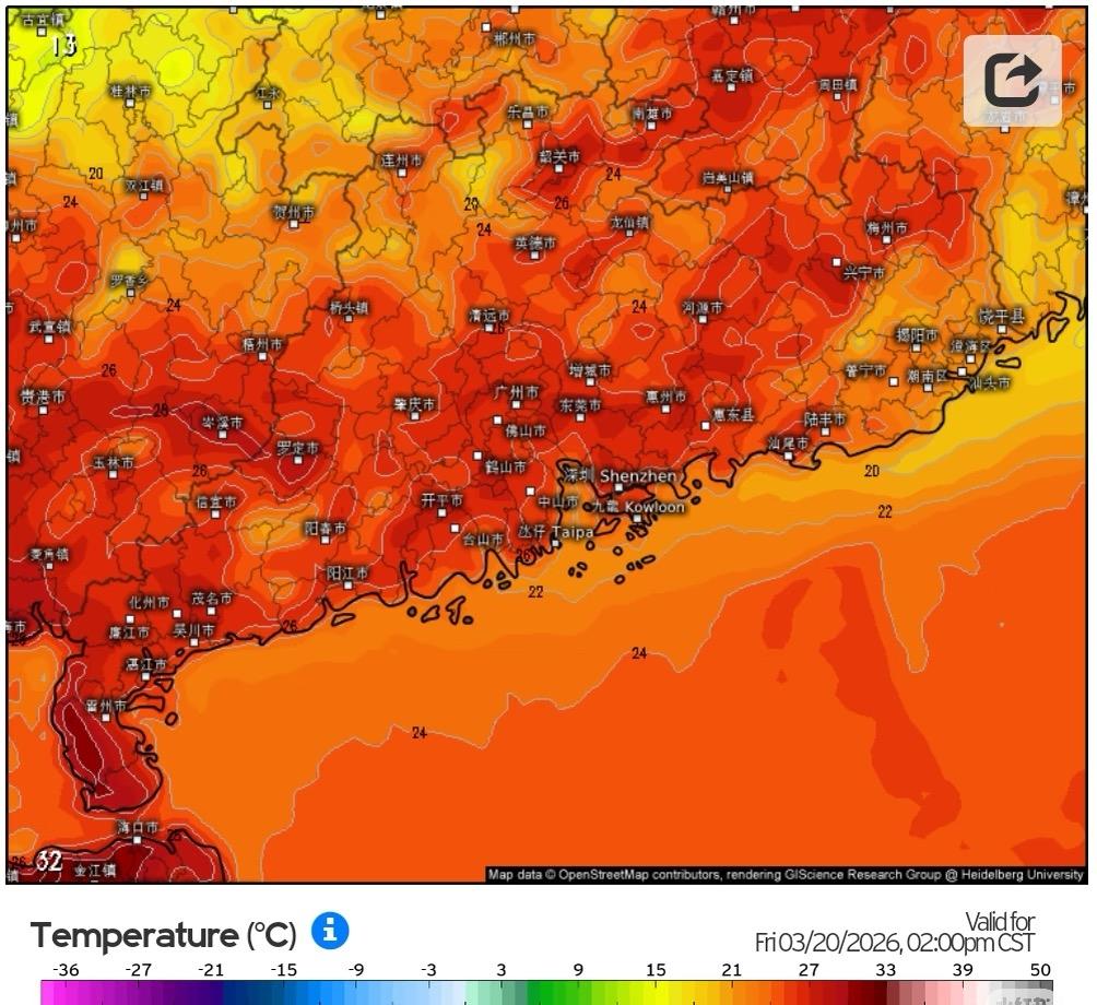 不好！广东这是要入夏了吗？由于3月剩下的时间广东都没有什么明显冷空气影响，因