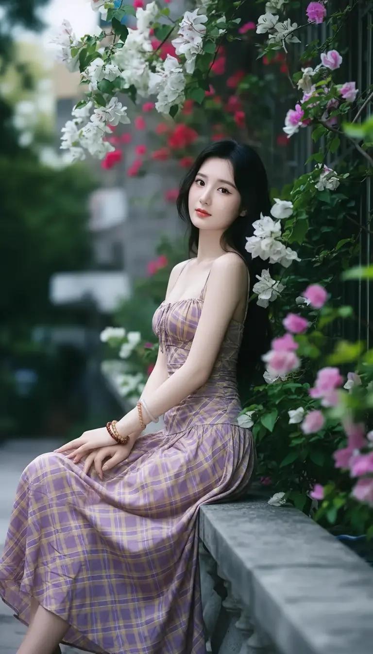 在花丛中，优雅地坐着，享受宁静的午后时光。现代最美的女性是什么样子?