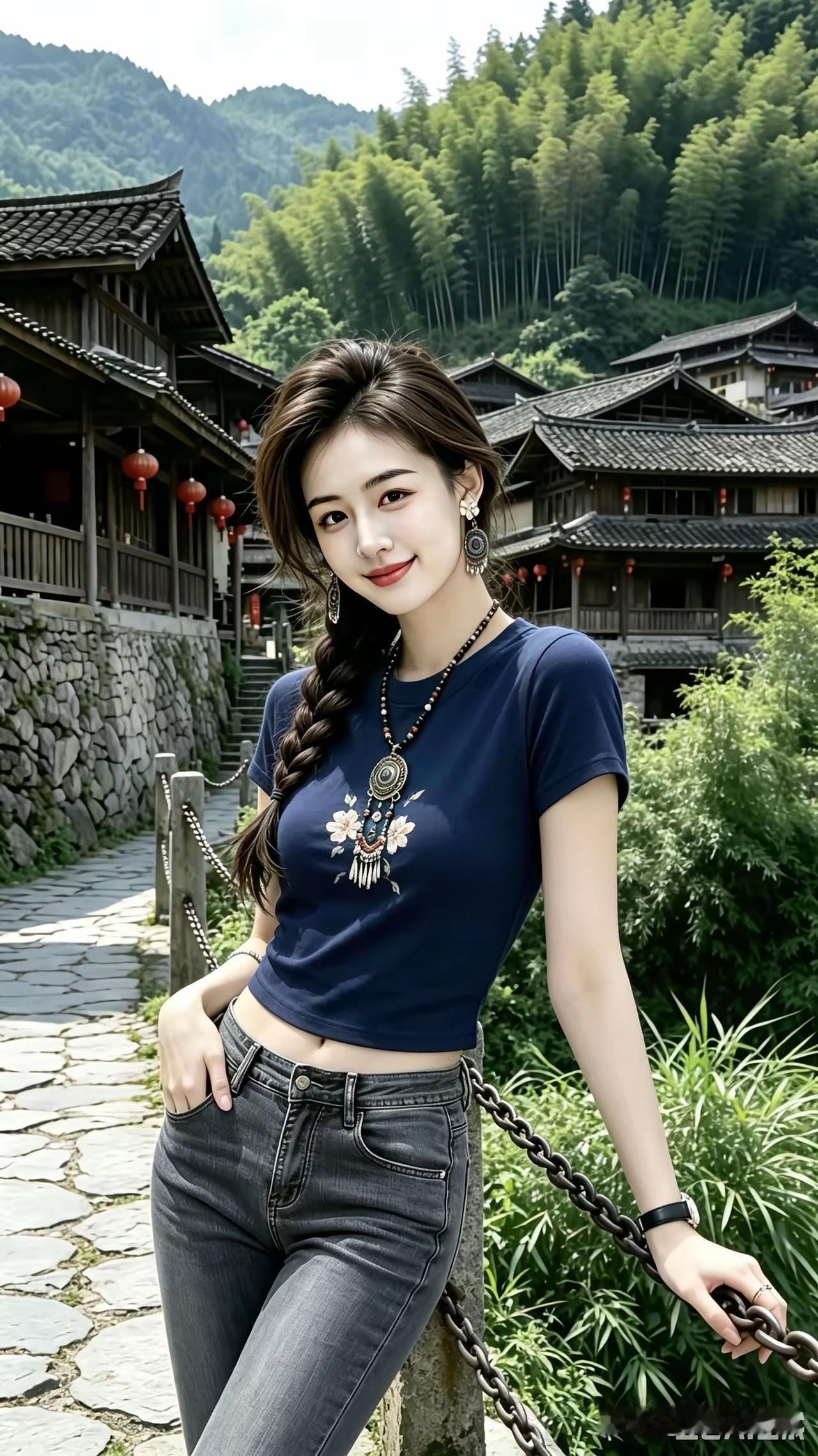 这位美女在古镇拍照，好风景！
