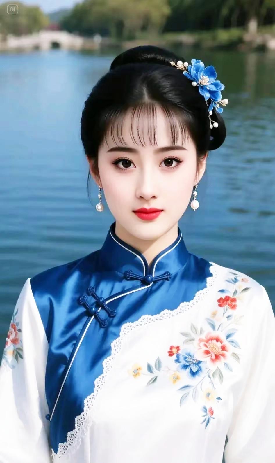 古典美人，湖畔花枝俏，红妆蓝衣映碧波。