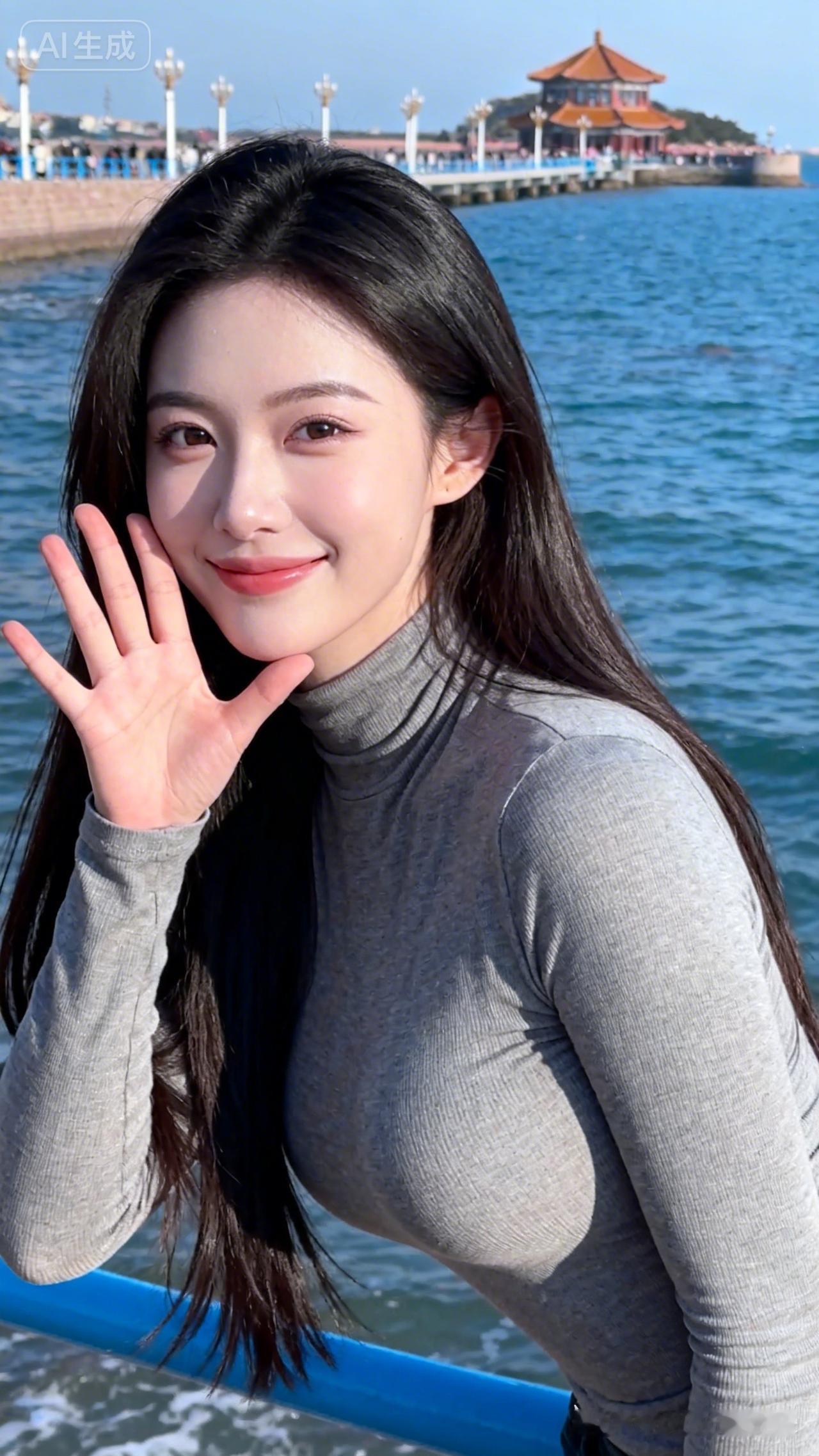 海边少女微笑挥手，阳光明媚的一天！🌞👩‍❤️‍💋‍👩