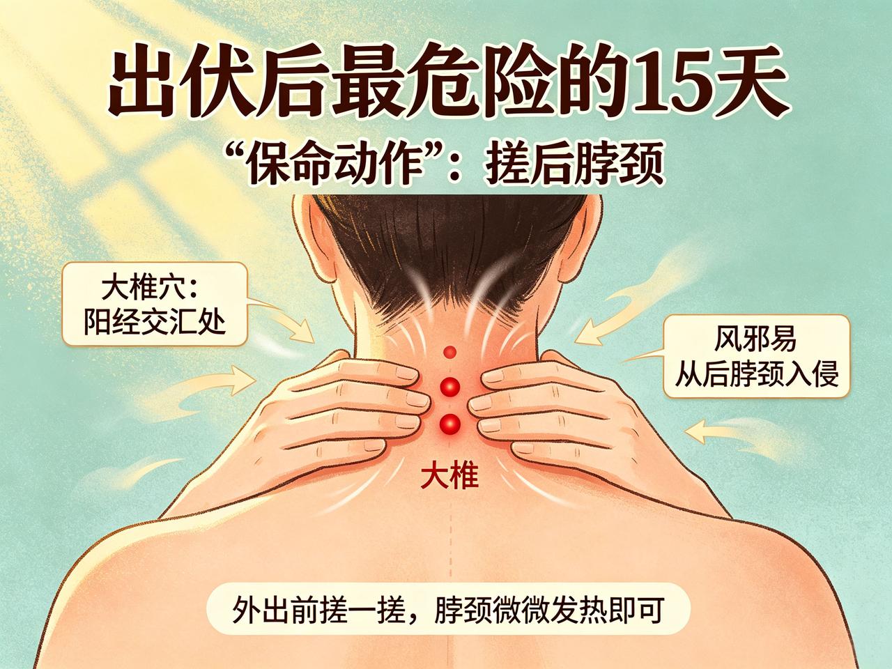出伏后最危险的15天，有一个"保命动作"：搓后脖颈。后脖颈有个穴位叫"大椎"