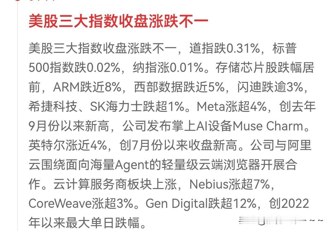 …看看昨天晚上美股收盘情况👇部分科技股跌的可不轻啊，存储芯片概念大跌，头部企