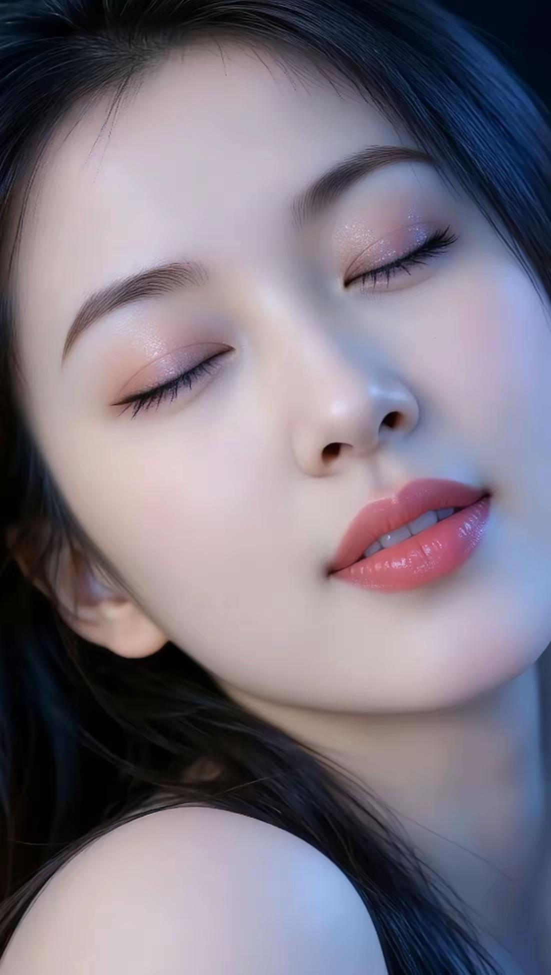 闭眼沉思的少女，粉嫩的唇妆，温柔动人💖🌸🌺