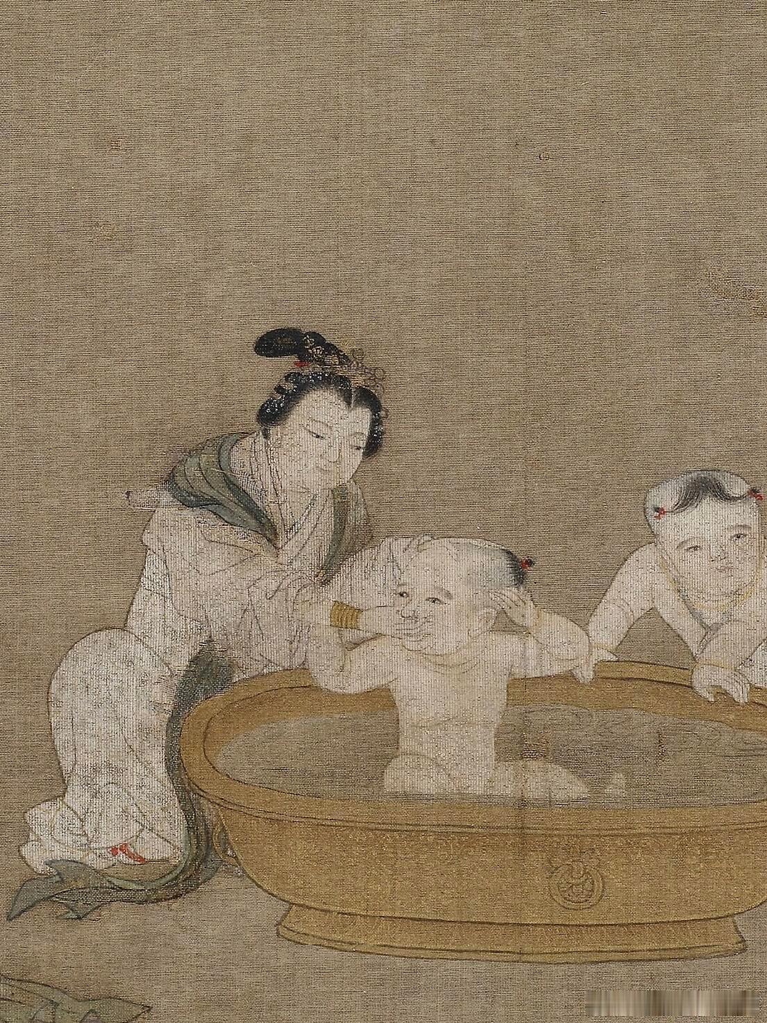 古代小朋友也逃不过洗澡被捏鼻子😂—浴婴仕女图宋佚名宋人弗利尔美术馆团扇绢本