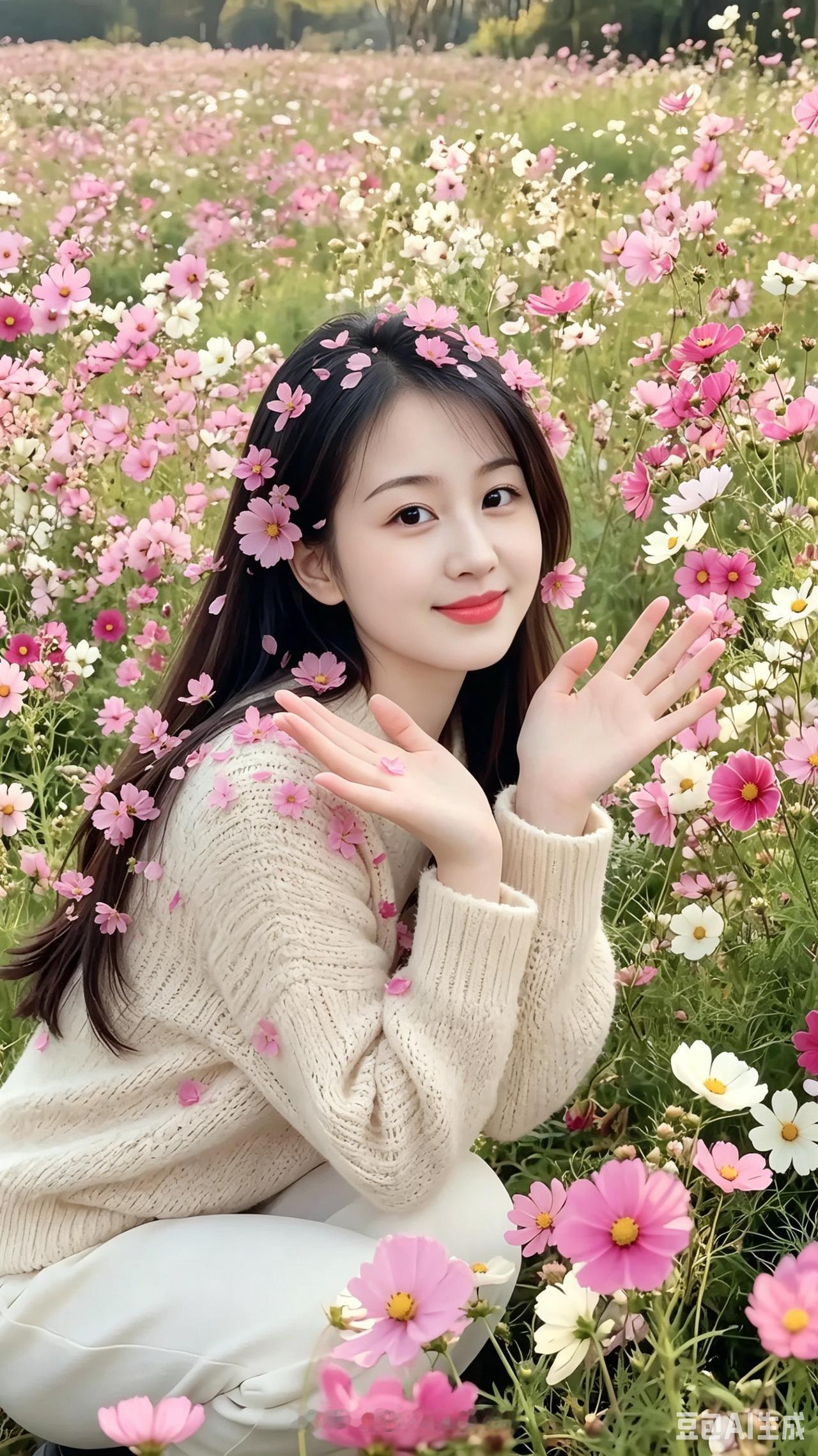 花海佳人格桑遍野沐晴晖，丽影娉婷倚锦帏。粉蕊簪头添秀媚，柔花绕肩逸清微。