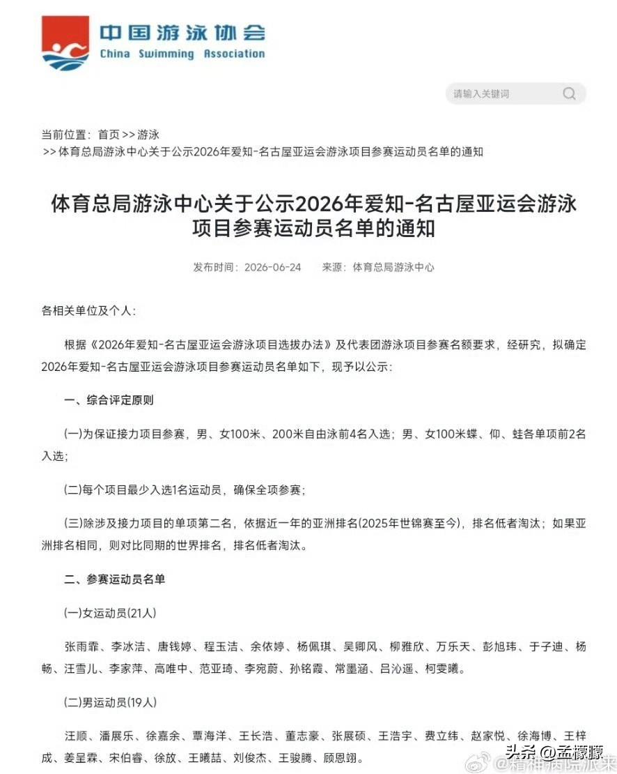2026年名古屋亚运会中国游泳队的单项报名👀男子项目男50自：王长浩、陈昊