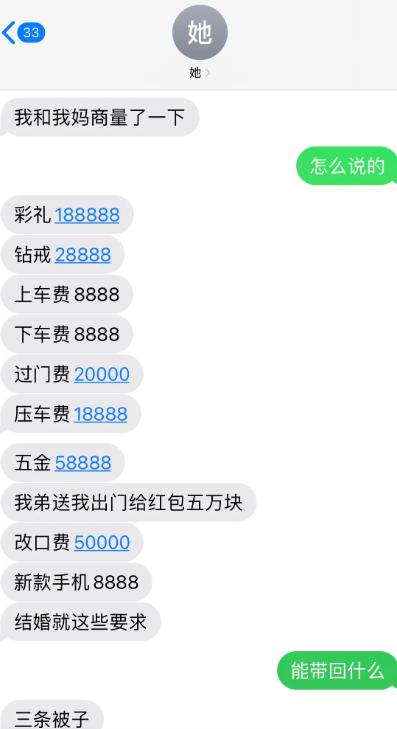 和丈母娘商量完结婚条件，一长串收费项目看得人眼花缭乱。彩礼、钻戒、上车费、下车
