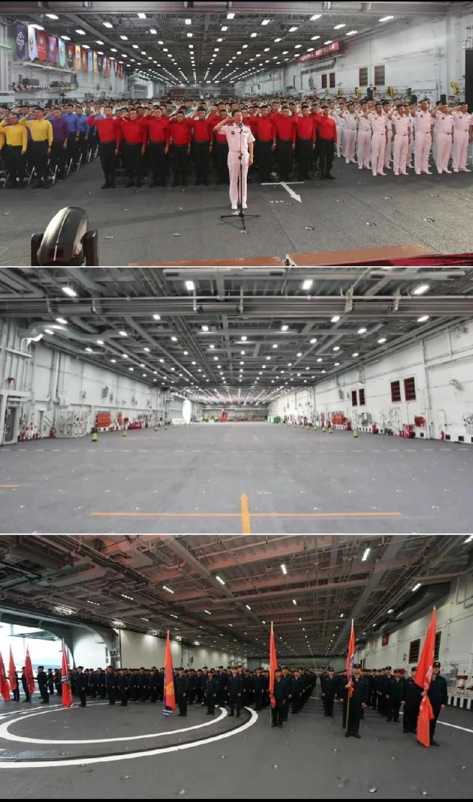 福建舰、山东舰、辽宁舰，机库同框对比，大了两万吨就是不一样..辽宁舰，作为咱