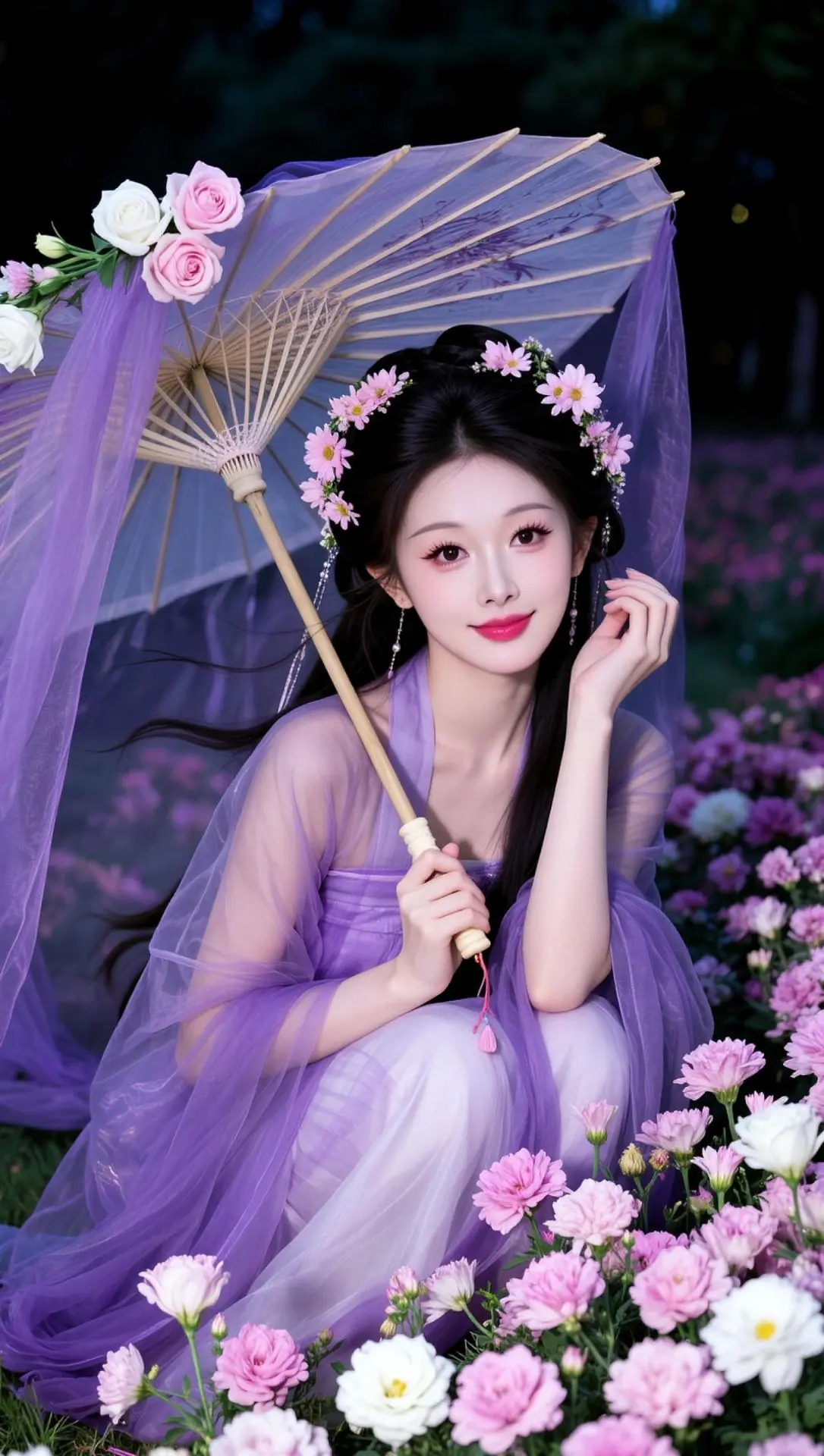 AI夜景古风写真 汉服油纸伞 紫色汉服 古风花神 汉服与花的浪漫邂逅