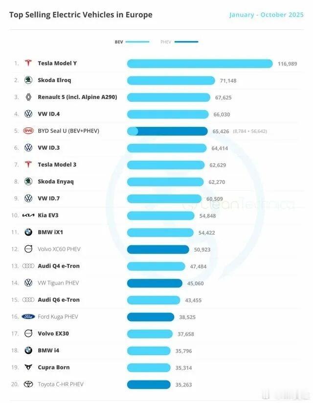 欧洲纯电车型2025年1-10月销量榜单来了。特斯拉继续领先，但是德国车企中，大