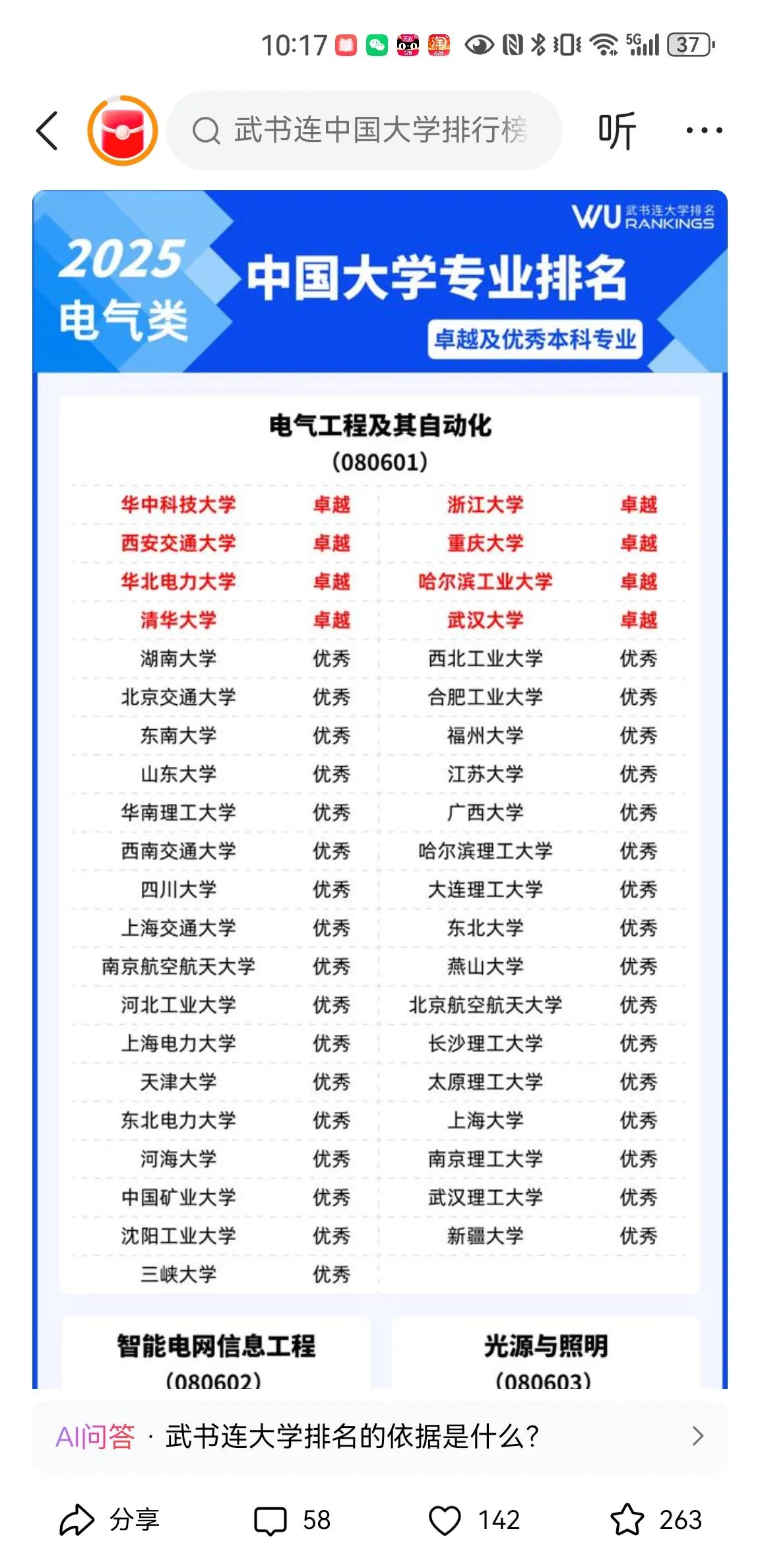 华科的电气也是真牛，排到全国第一了[赞]高考填志愿有志于学电力的同学及家长看看这