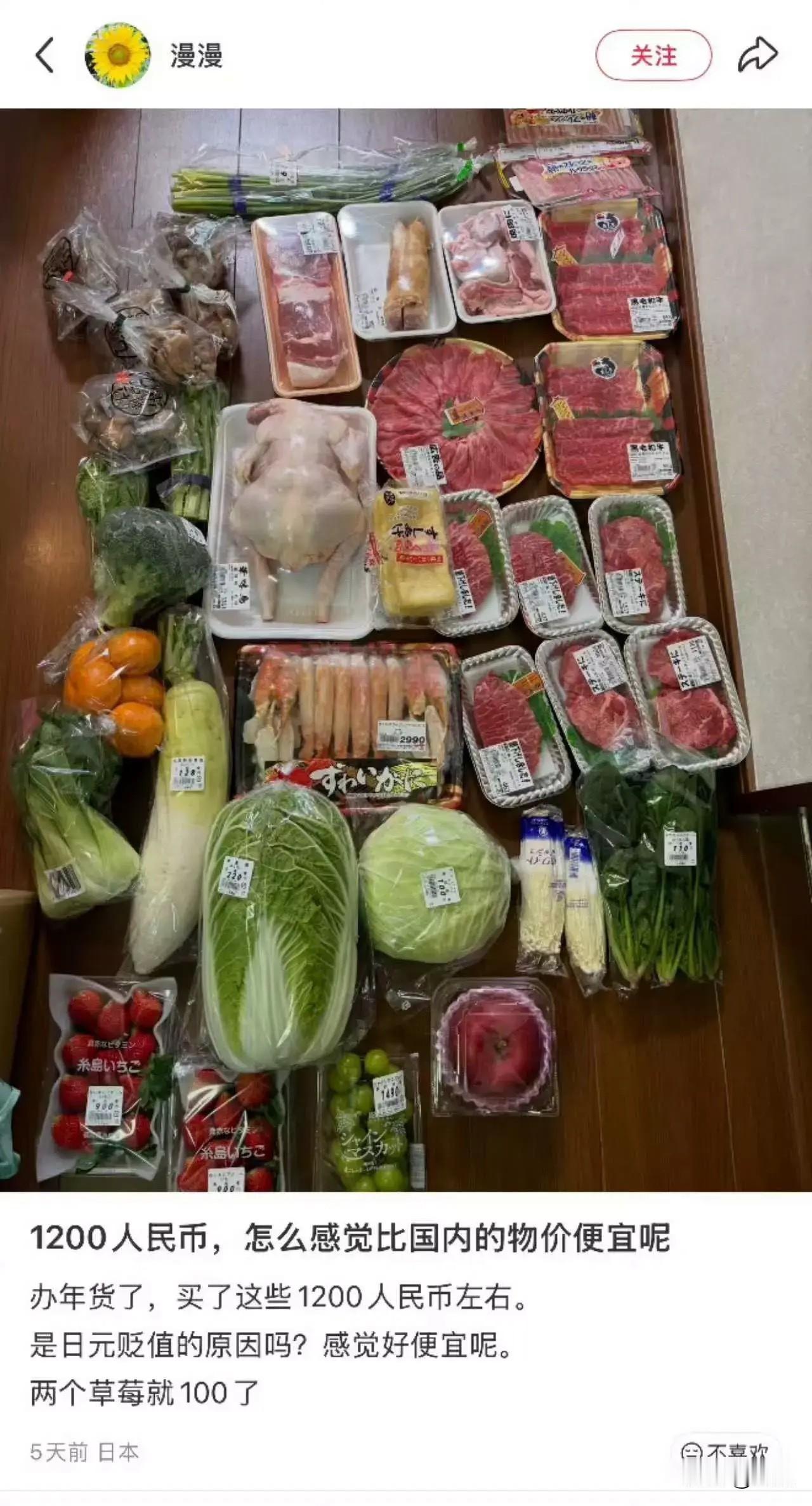 在日本买这么一堆食物花了1200RMB这个便宜吗？沪币不考虑哈