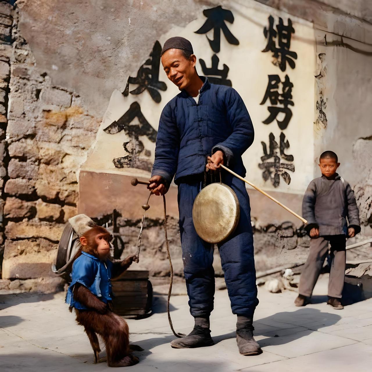 二三十年代的街头，老旧砖墙斑驳粗糙，墙面上刷着“煤劈柴”之类的字样，浸透着岁月的
