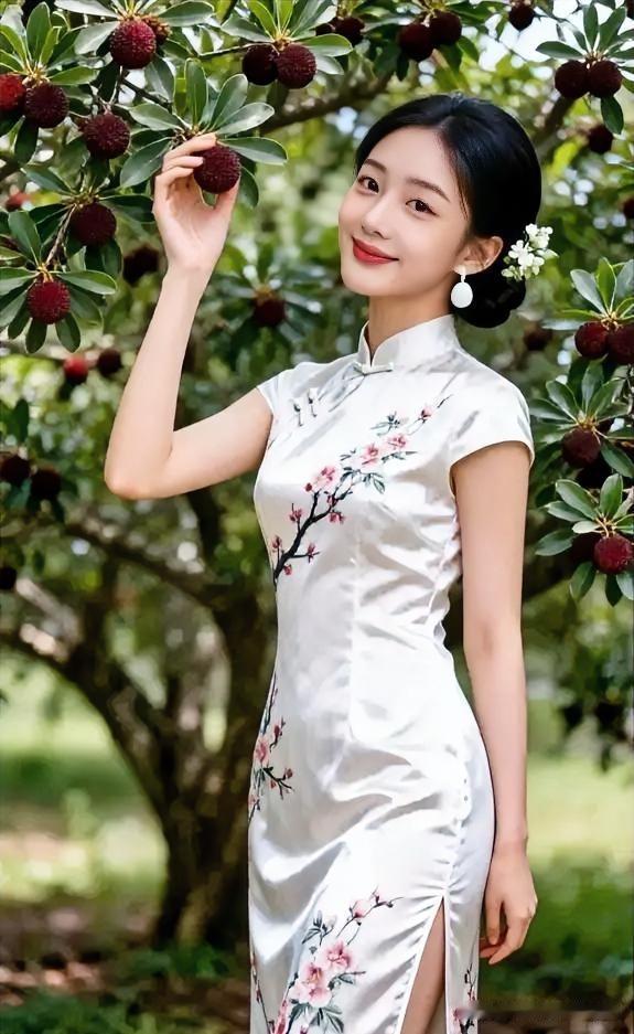 素雅旗袍绣粉樱，嫣然一笑掠芳菲。乌发轻挽香盈袖，素手徐牵满树玫。眸底波光