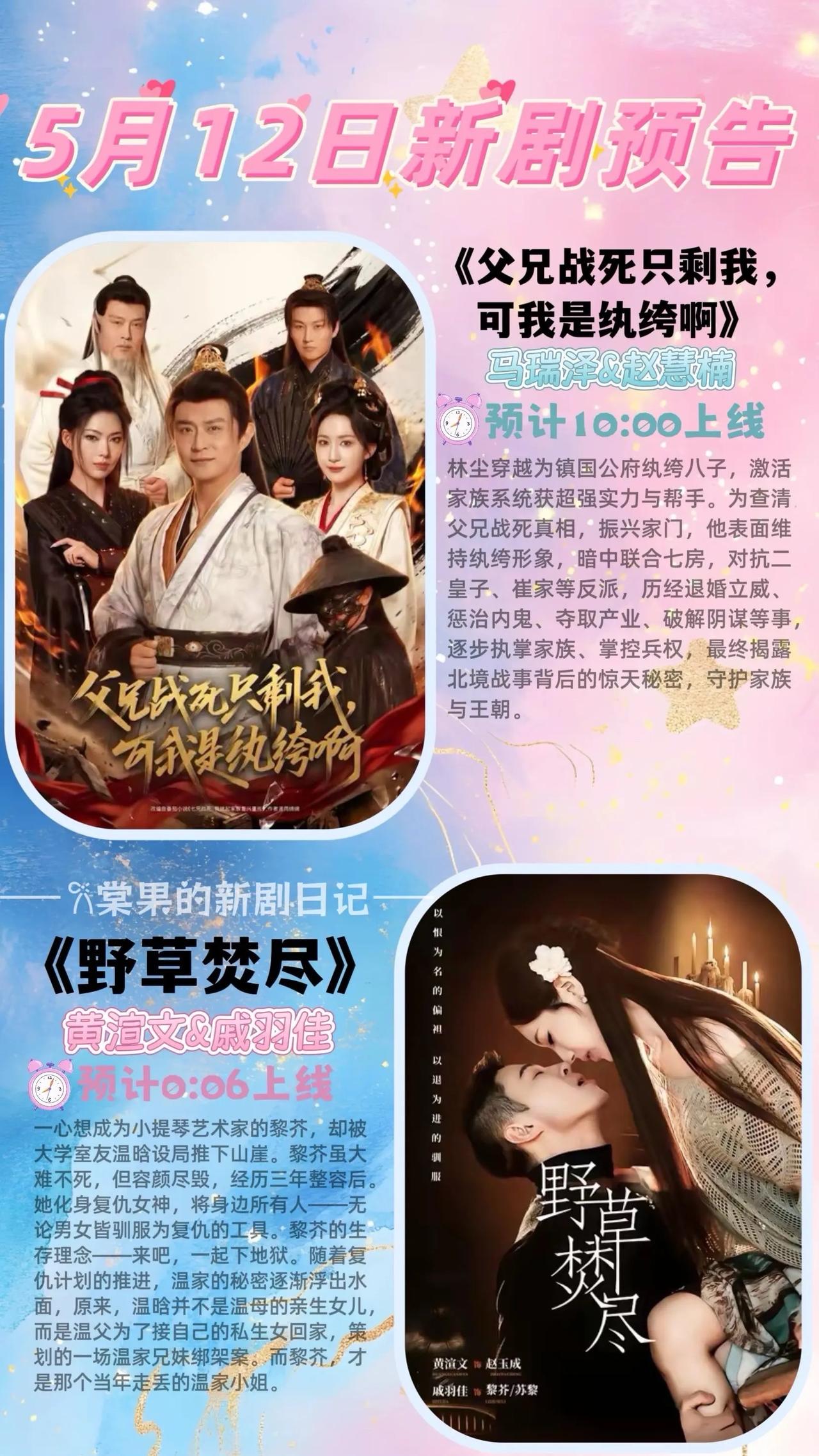 🔥📺5月12日新剧预告清单✨🔥1.《父兄战死只剩我，可我是纨绔啊》