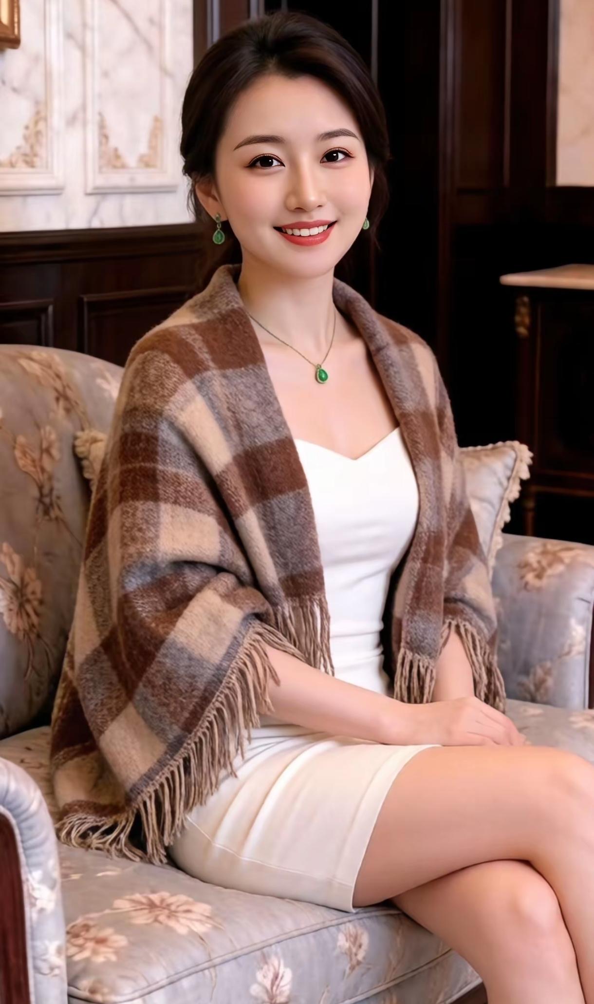 温柔是岁月最美馈赠✨午后阳光漫过雕花木质，洒在软沙发上。我裹着格纹披肩，似被暖