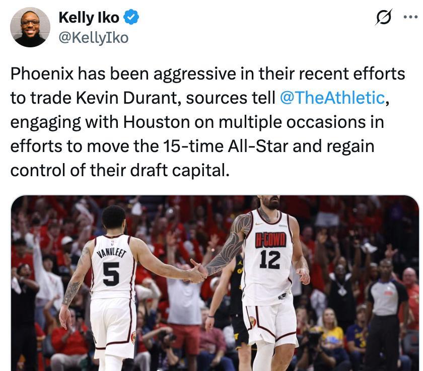 火箭对杜兰特的兴趣下降之后太阳有点乱了阵脚。本想通过杜兰特可以向火箭拿回属于他们