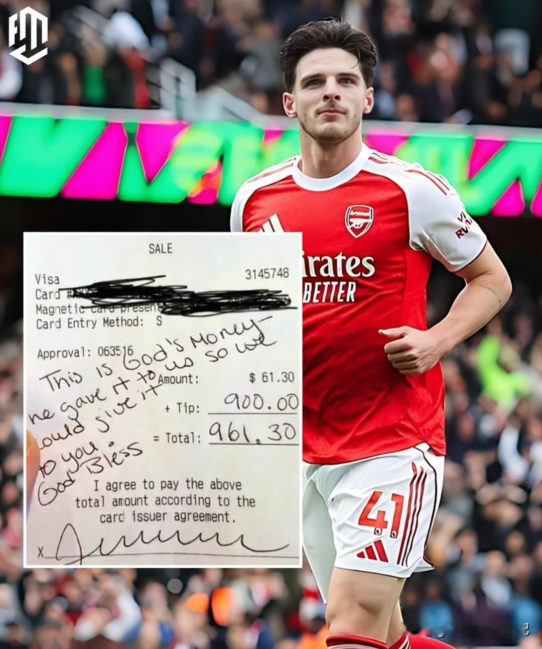 德克兰·赖斯被服务员无视，900美元小费背后的真相令人意外。阿森纳中场德克兰