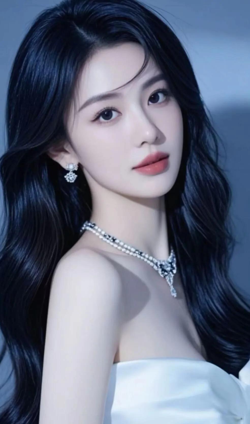 优雅黑发美人，闪耀珠宝项链，红唇白裙，气质非凡！