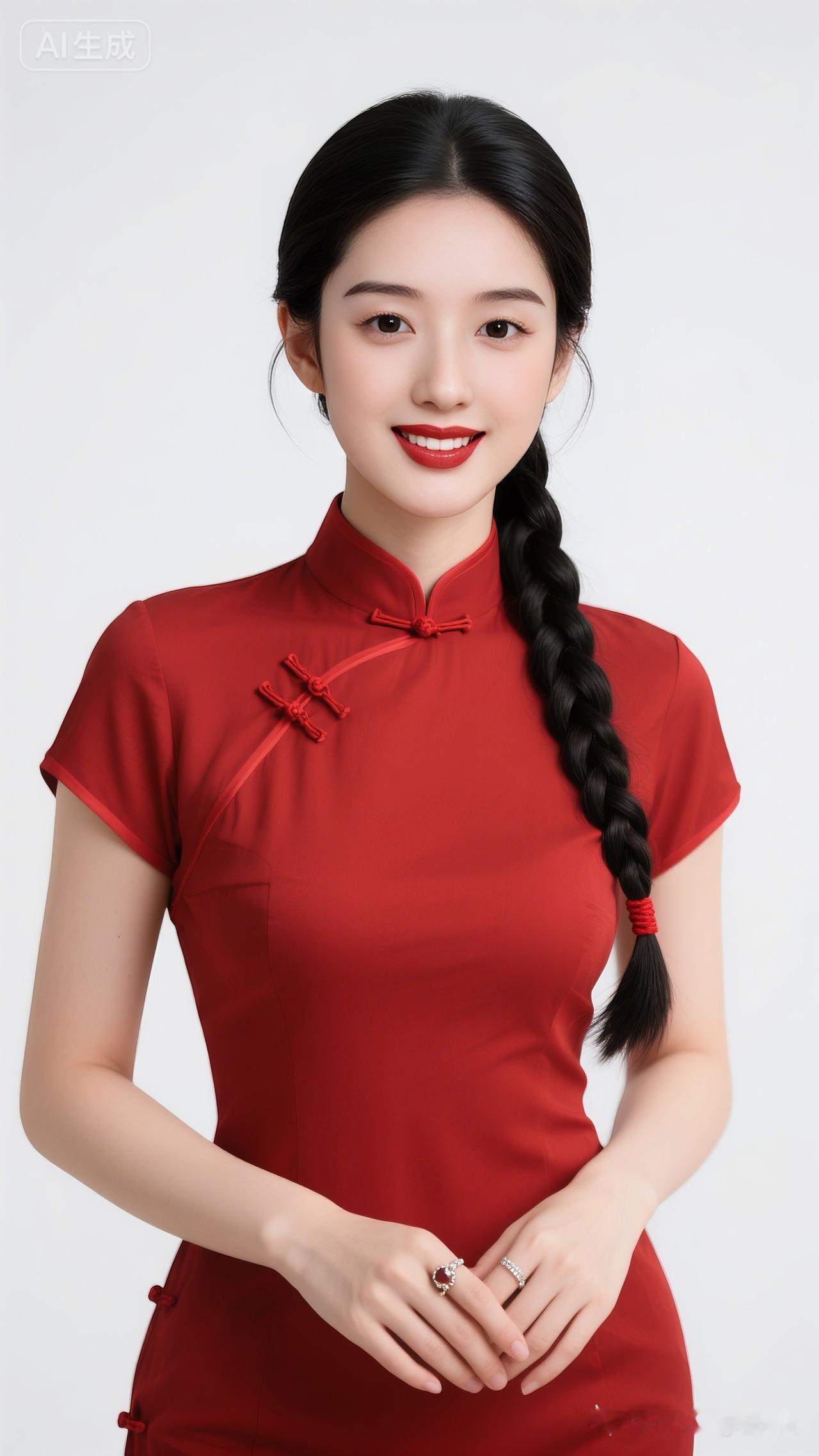 红衣少女，甜美可人，优雅气质，尽显东方韵味。