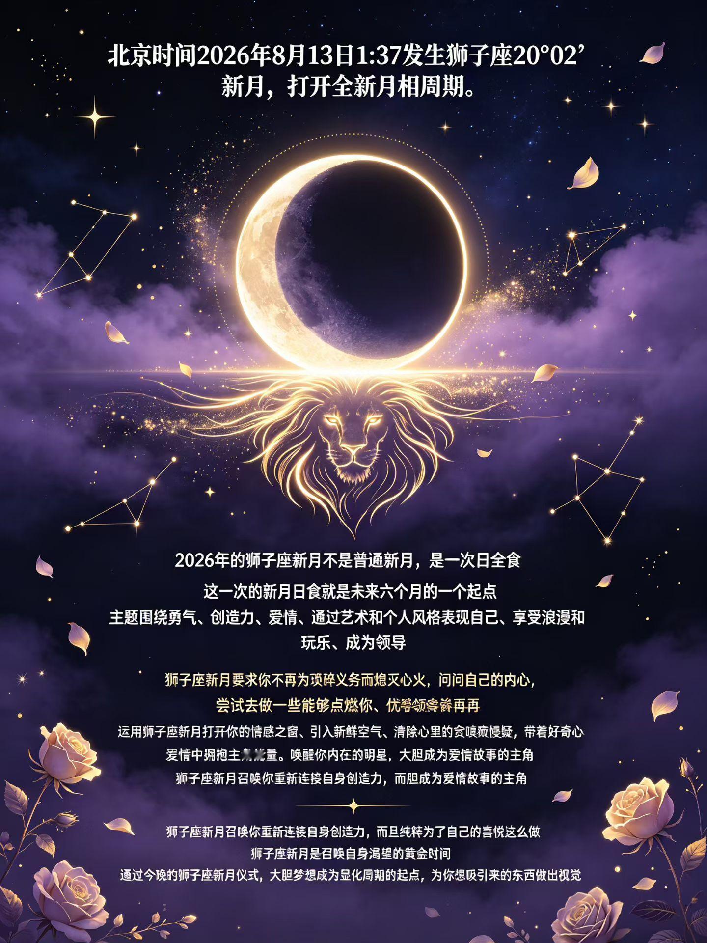 北京时间2026年8月13日1:37发生狮子座20°02'新月，打开全新月相周期