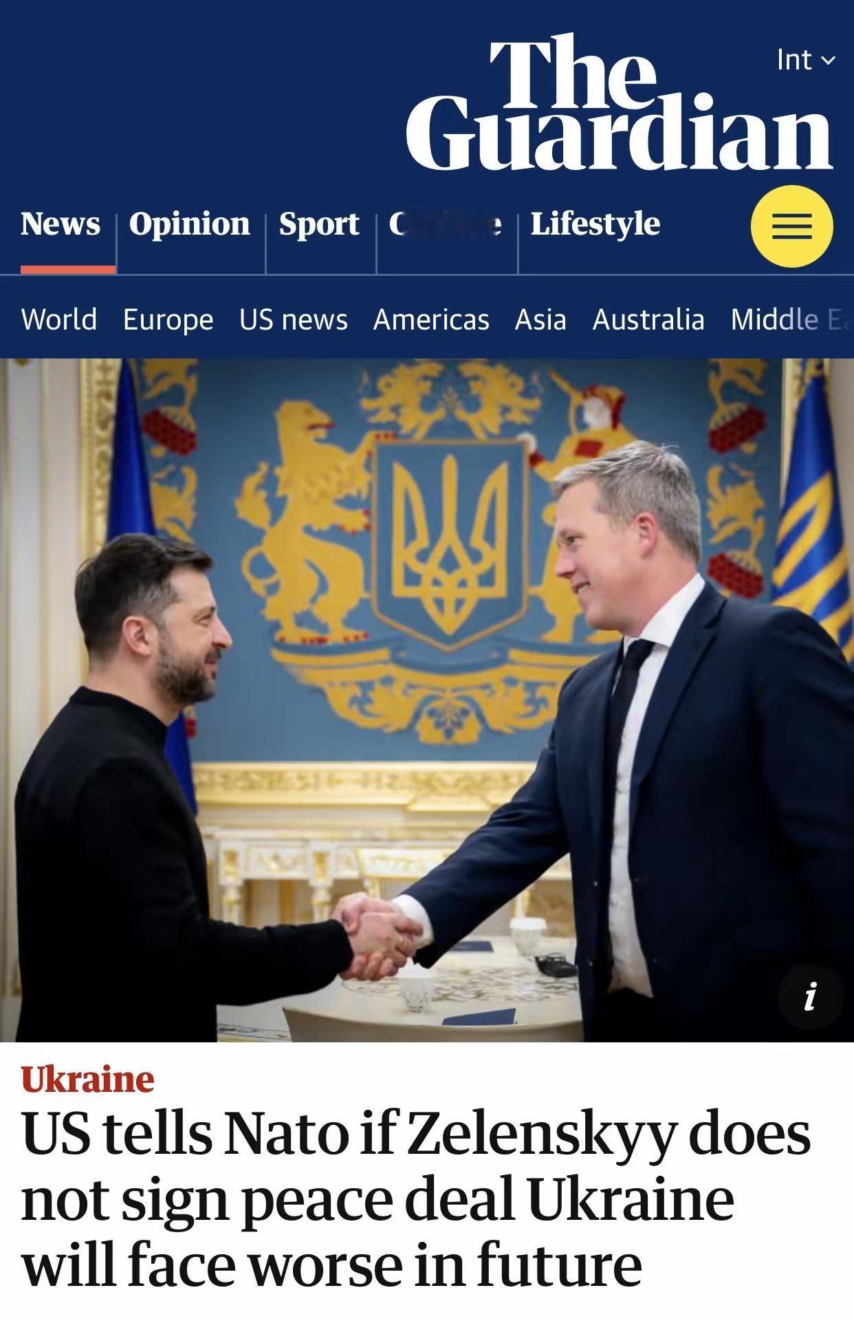 【美国警告基辅】​英国《卫报》官网11月22日报道：美国官员告诉北约盟友，他们