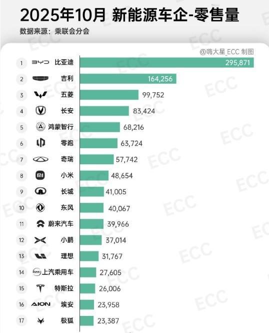 来看10月新能源车零售量排行。比亚迪（29.5万+）、吉利（16.4万+）、五