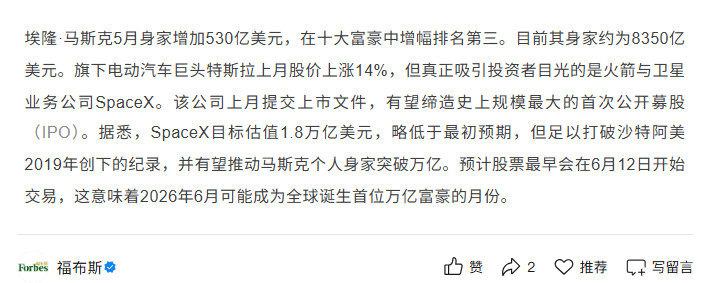 【马斯克6月身家预计突破万亿】马斯克5月身家增加530亿美元6月2日，据福布斯发