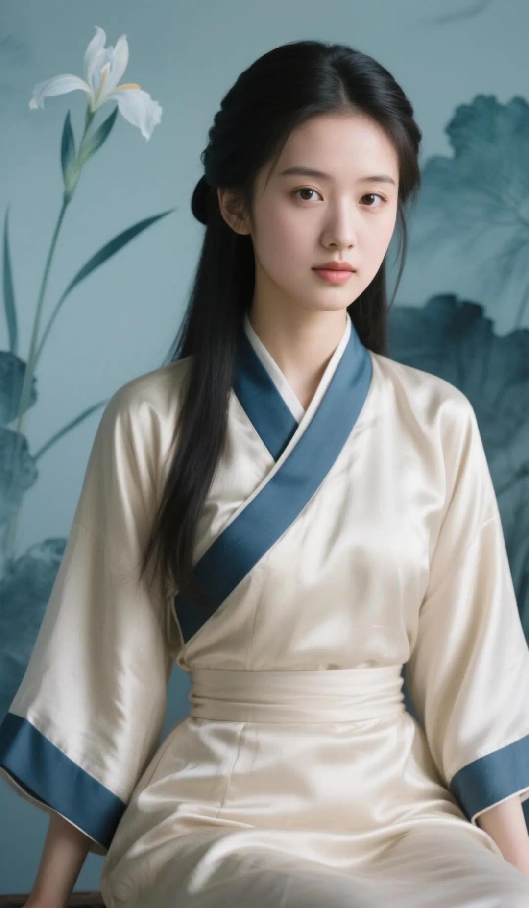 古风少女，静坐花前，悠然自得。