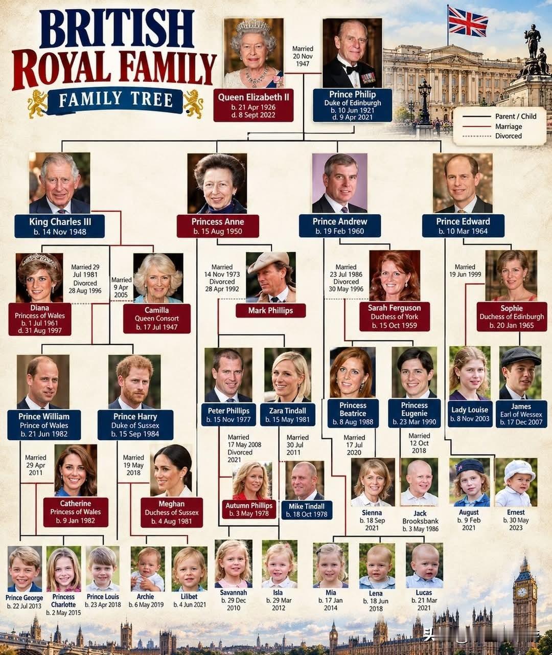 英国王室拥有全球最知名的家族谱系之一，历经数代传承，交织着联姻、离异与各类王室头