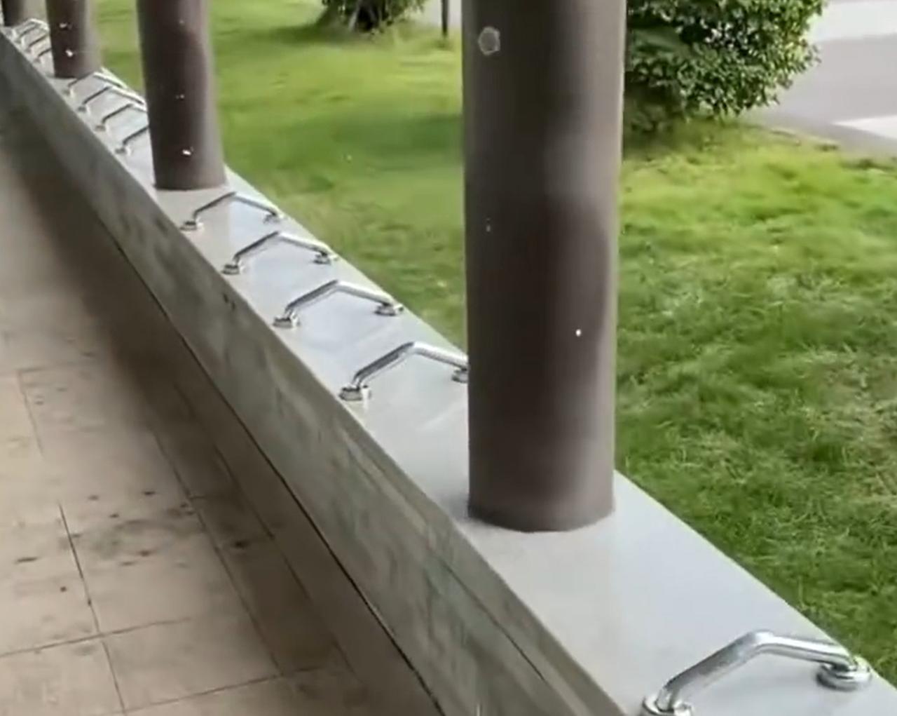 10月31日，广东省东莞市网友发现石排镇沙迳公园内，供人休息的长条石凳上装了密密