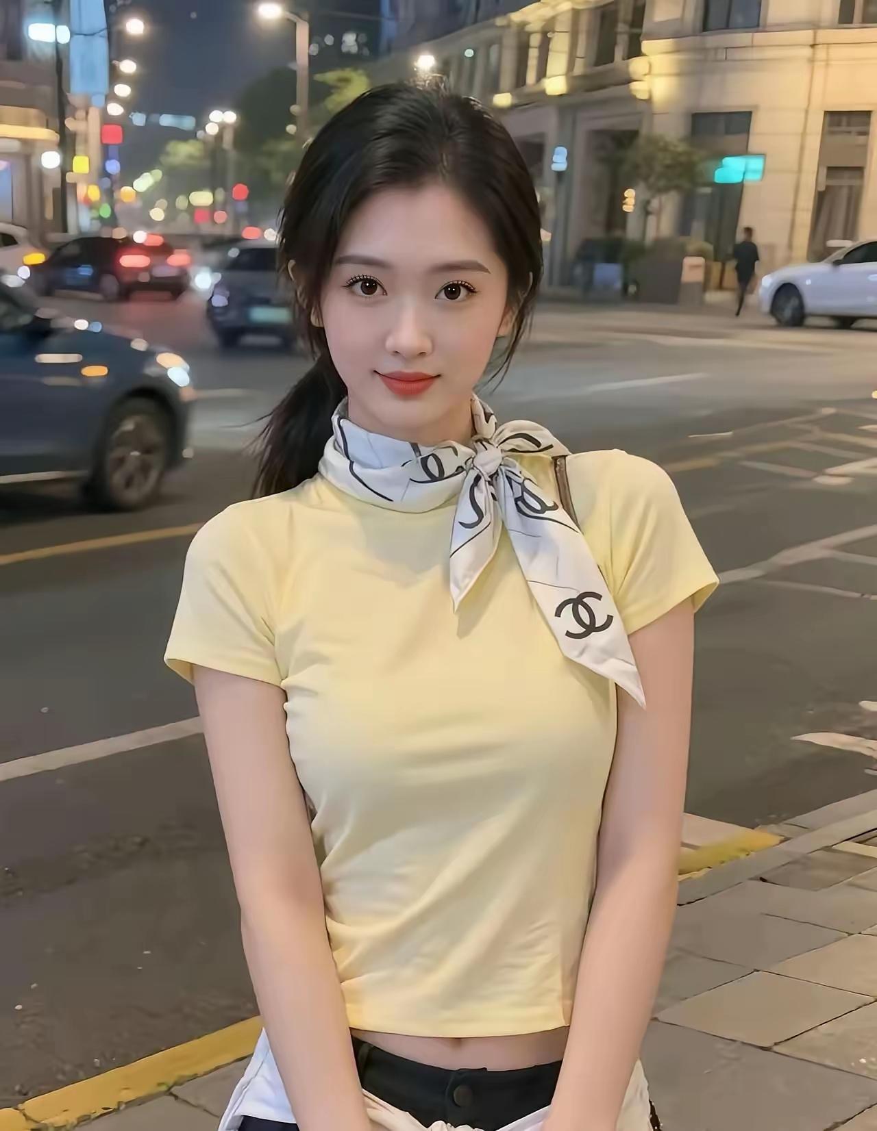 都市夜景下的甜美少女，黄色T恤搭配时尚围巾，元气满满！🌃👧💛
