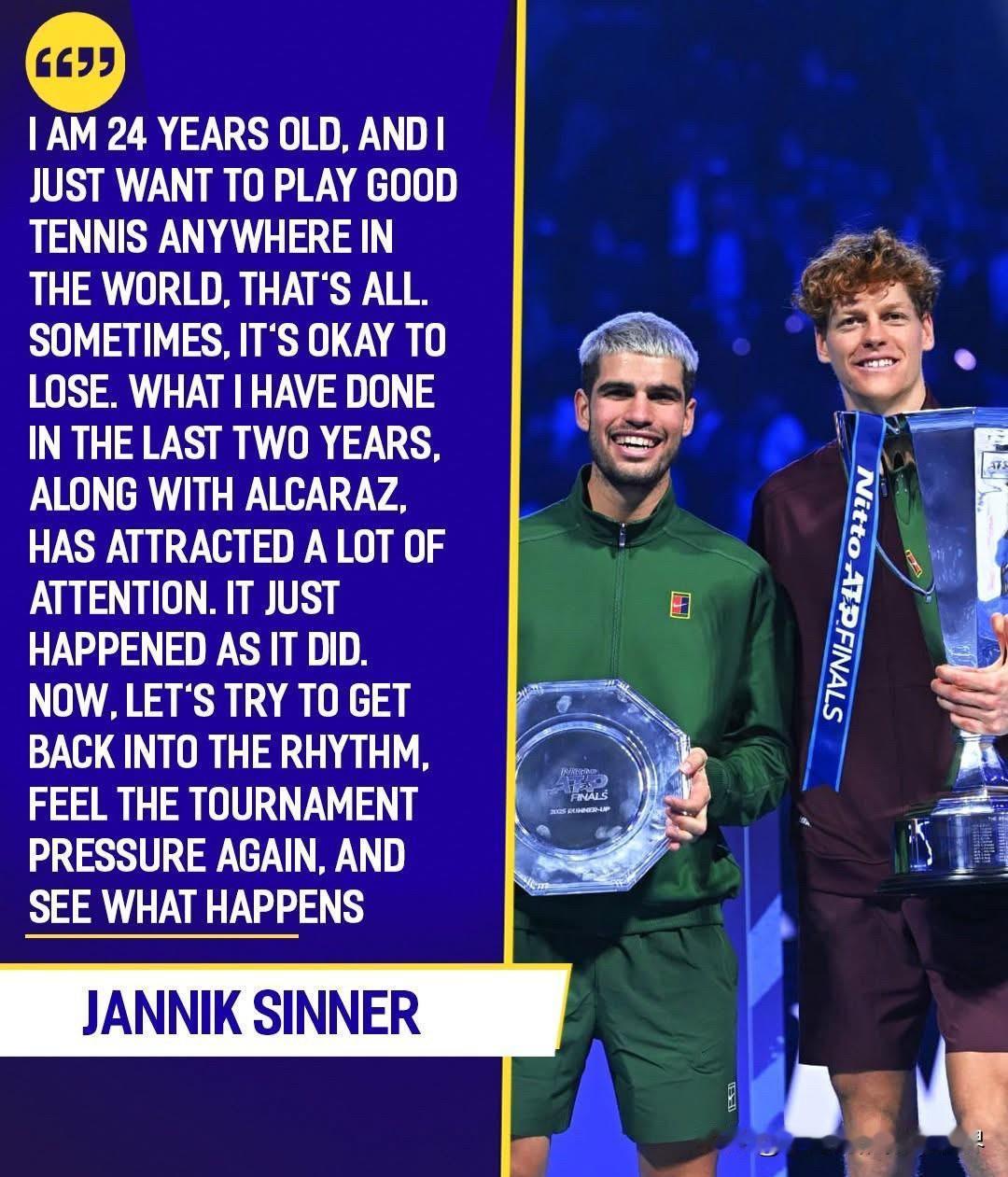 扬尼克·辛纳在卡塔尔公开赛新闻发布会上坦言，输球有时也没什么大不了的！这位目