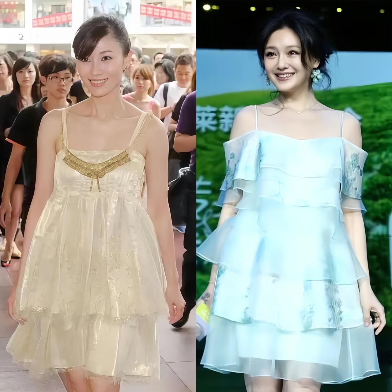 李嘉欣和大S穿同样是雪纺细吊带连衣裙，款式都走少女公主风，主打甜美温柔，虽然裙子