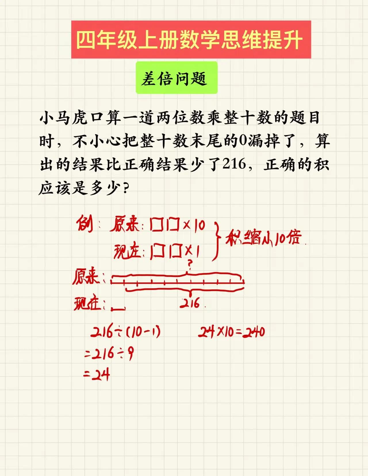 四年级上册数学思维提升：差倍问题易考题。四年级数学数学思维提升