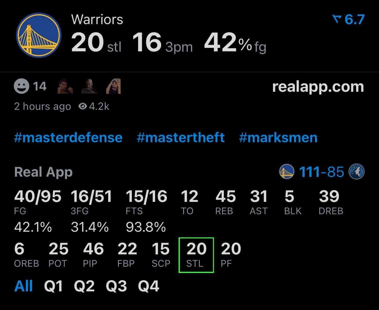 森林狼主场背靠背战勇士，第一场狼队先送温暖，全场失误25次，勇士20抢断是本赛季