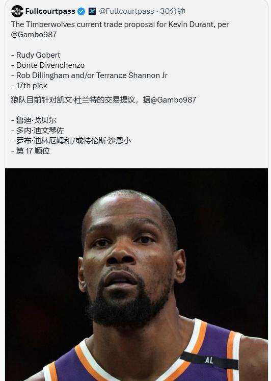 森林狼真拼了！多队报价杜兰特筹码曝光。戈贝尔+迪文琴佐+迪林汉姆/小香农+17